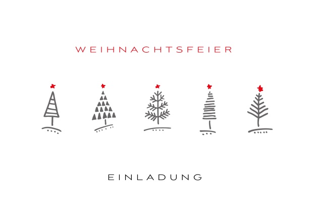 Online Einladungskarte zur Weihnachtsfeier mit 5 Weihnachtsbäumen mit roten Sternen.