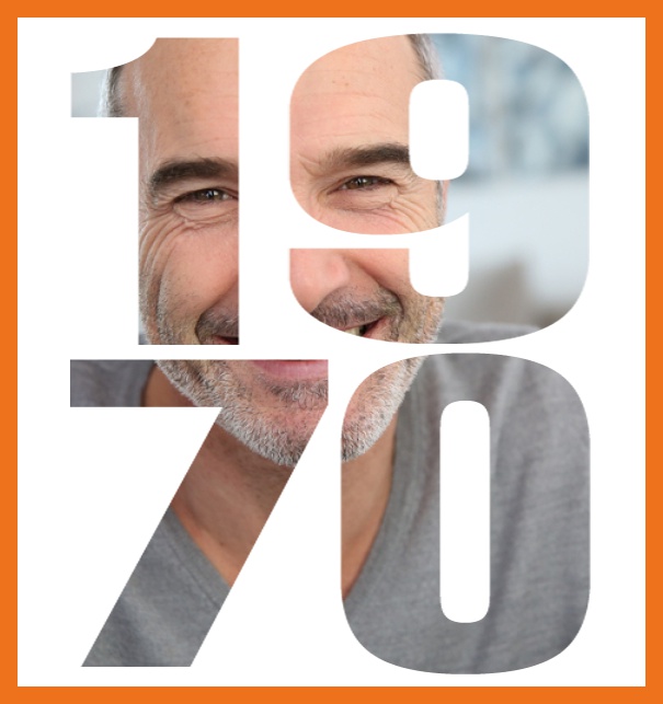 1970 geboren gross - Orange - 50. Geburtstag Online Einladungskarte zum 50. Geburtstag in größem Online Format mit ausgeschnittener 1970 über einem Foto zum selber hochladen. Orange.