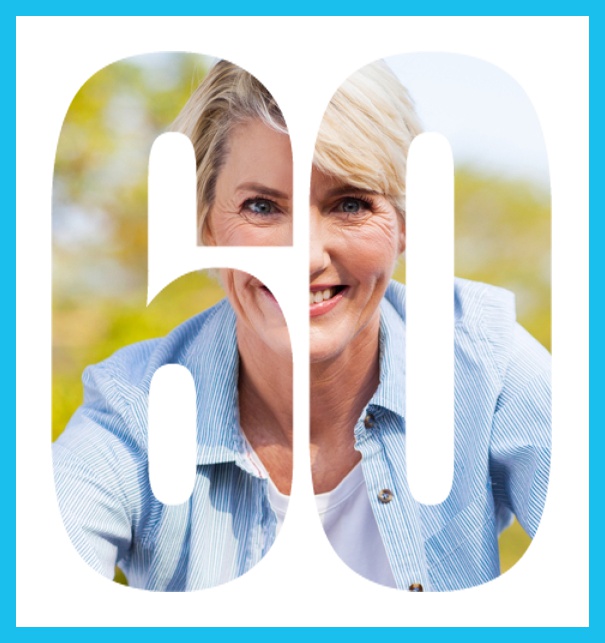 Online Einladungskarte zum 60. Geburtstag mit grosser ausgeschnittenen Zahl 60 für ein eigenes Foto. Blau.