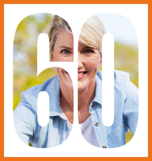 Online Einladungskarte zum 60. Geburtstag mit grosser ausgeschnittenen Zahl 60 für ein eigenes Foto. Orange.