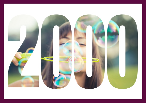 2000 geboren quer - Lila - 20. Geburtstag Online Einladungskarte mit ausgeschnittener 2000 für Geburtstagseinladungen mit eigenem Foto Lila.