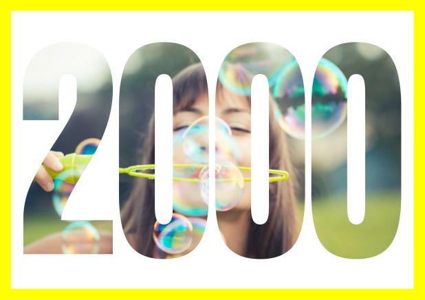 2000 geboren quer - Gelb - 20. Geburtstag Online Einladungskarte mit ausgeschnittener 2000 für Geburtstagseinladungen mit eigenem Foto Gelb.