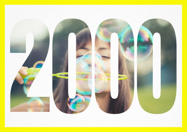 2000 geboren quer - Gelb - 20. Geburtstag Einladungskarte mit ausgeschnittener 2000 für Geburtstagseinladungen mit eigenem Foto Gelb.