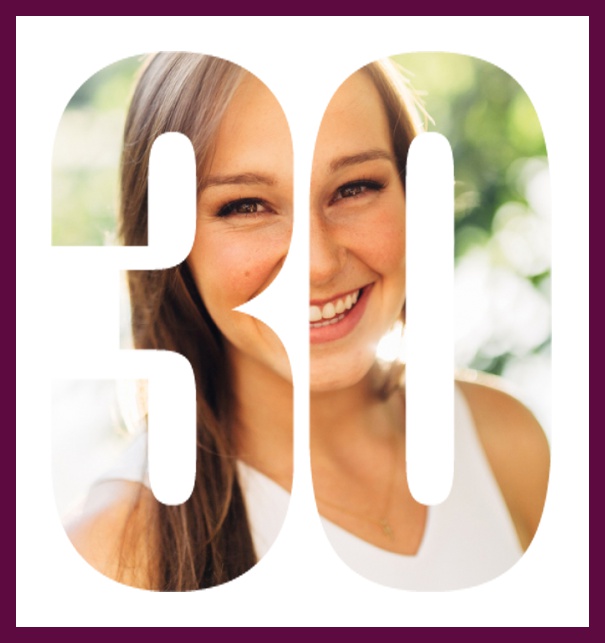 Online invitation card with cut out 30 for own photo, great for 30th Birthday invitations Purple.