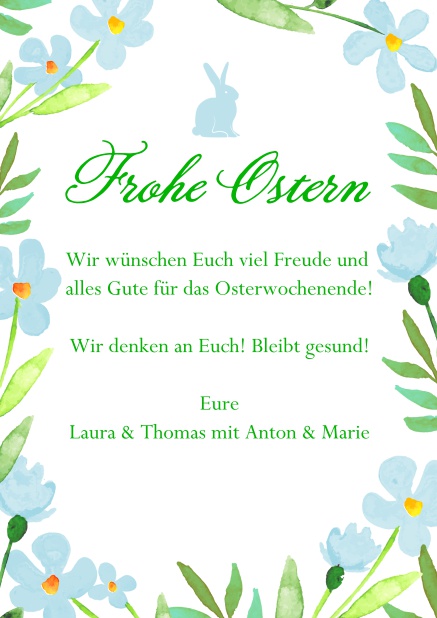 Virtuelle Osterwünsche online versenden mit Osterkarte mit Osterhase und Osterblumen Blau.