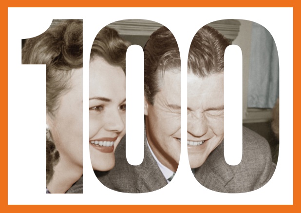 Online Einladungskarte in Querformat zum 100. Geburtstag oder Jubiläum mit ausgeschnittener Zahl 100 für ein eigenes Foto. Orange.