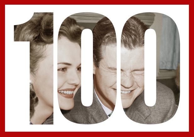 Online Einladungskarte in Querformat zum 100. Geburtstag oder Jubiläum mit ausgeschnittener Zahl 100 für ein eigenes Foto. Rot.