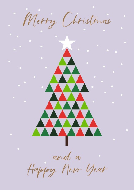 Online Weihnachtskarte mit buntem Weihnachtsbaum aus Dreiecken.
