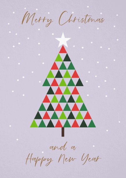 Weihnachtskarte mit buntem Weihnachtsbaum aus Dreiecken.