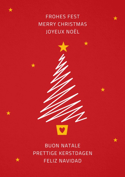 Rote Weihnachtskarte mit illustriertem weißen Weihnachtsbaum mit goldenem Stern