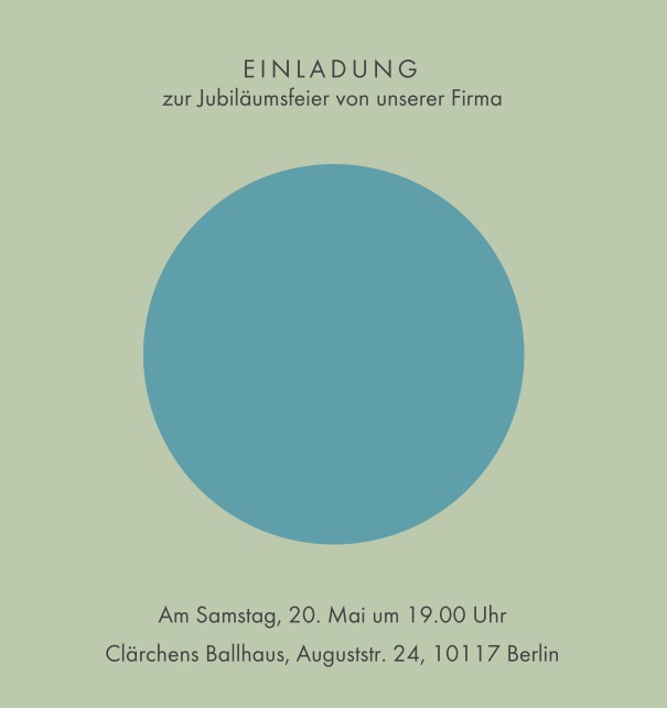 Online Einladungskarte mit grossem blauen Kreis Grün.