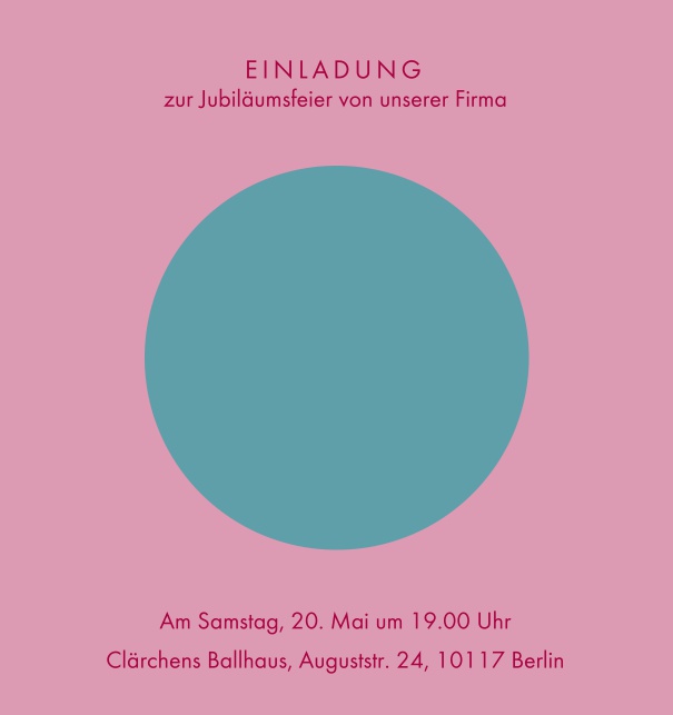 Online Einladungskarte mit grossem blauen Kreis Rosa.