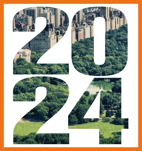 Online Einladungskarte in Hochkant mit ausgeschnittener 2024 für ein eigenes Image. Orange.