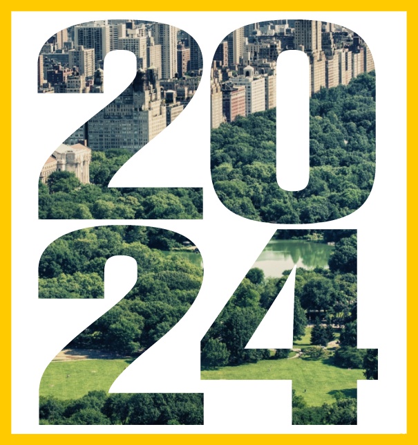 Online Einladungskarte in Hochkant mit ausgeschnittener 2024 für ein eigenes Image. Gelb.