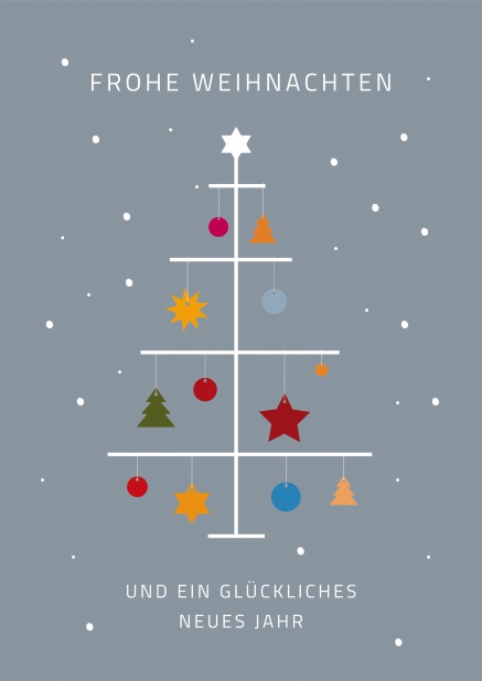 Graue Online Weihnachtskarte mit modernem Weihnachtsbaum weißen Stangen und Ornamenten