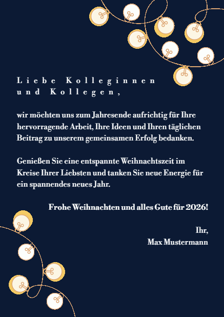 Animierte online Hochkant Weihnachtskarte mit leuchtenden Weihnachtslichtern Marine.