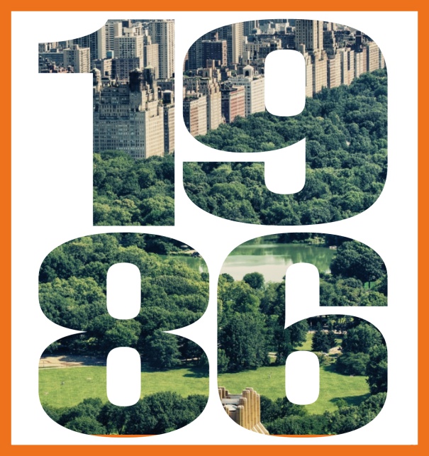 Online Einladungskarte mit ausgeschnittener 1986 für eigenes Foto Orange.