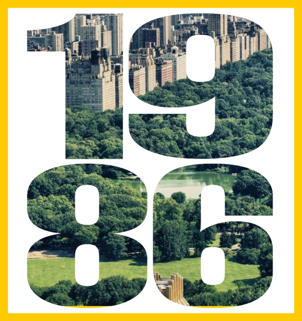 Online Einladungskarte mit ausgeschnittener 1986 für eigenes Foto Gelb.