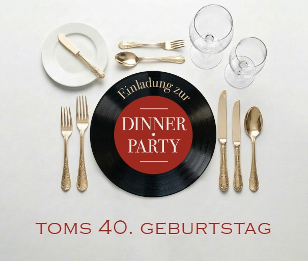 Online Einladung in Standard Format mit Schallplatte als Teller und großem Gedeck