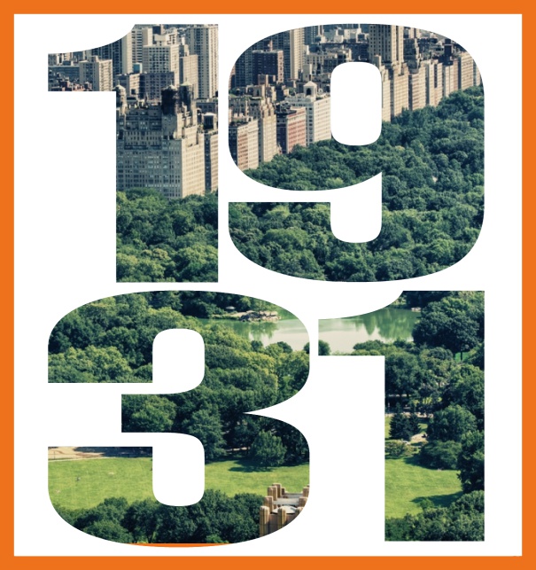 Einladungskarte mit ausgeschnittener 1931 für ein eigenes Foto Orange.