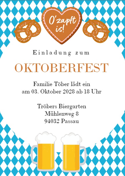 Oktoberfest Einladungskarte mit bayerischem Karo Muster, Pretzel, Lebkuchenherz und Bier