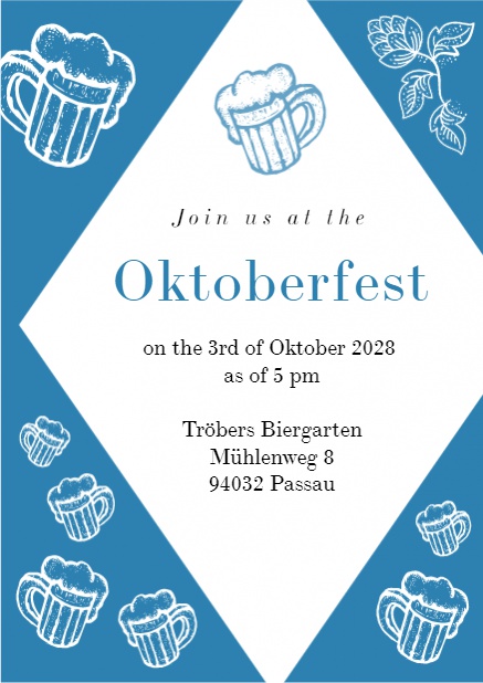 Oktoberfest online invitation card in Bavarian Colors and a diamond shaped text field