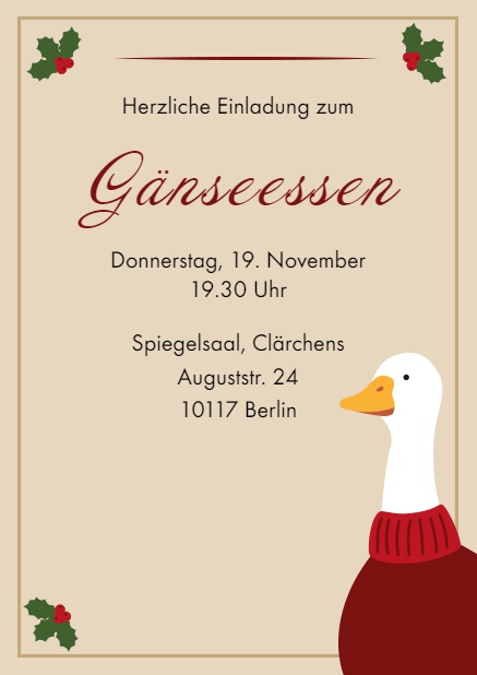 Online Einladung zum Gänseessen mit einer warm angezogen Gans Beige.