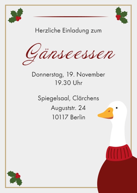Online Einladung zum Gänseessen mit einer warm angezogen Gans Grau.