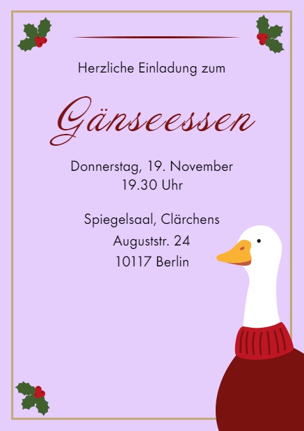 Online Einladung zum Gänseessen mit einer warm angezogen Gans Lila.