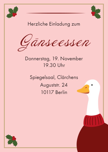 Online Einladung zum Gänseessen mit einer warm angezogen Gans Rot.