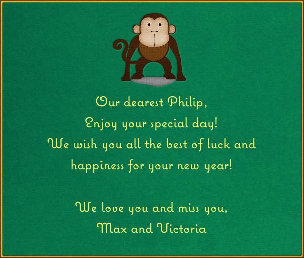 Green Children's Card with Cartoon Monkey.