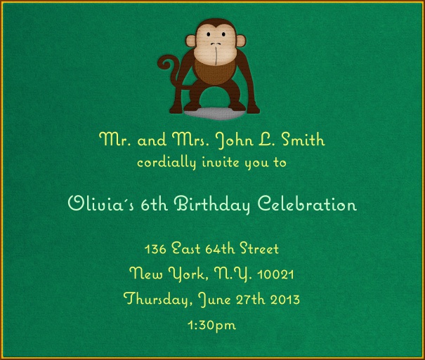 Onlnie Green Kids' Birthday Party Invitation with Monkey Header.