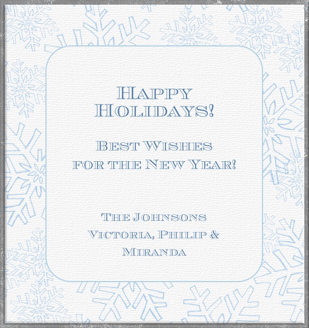 Online Christmas Card with snowflake background and blue text.