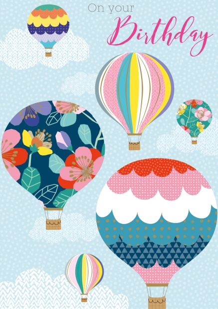 Online Light blue Birthday Card with coloful hot air balloons