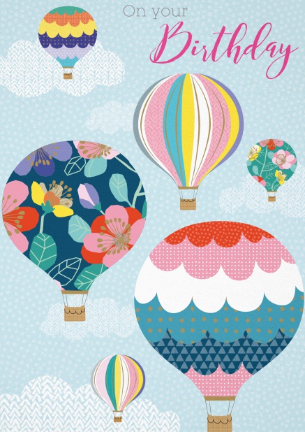 Hellblaue Geburtstagskarte mit farbigen Heißluftballons