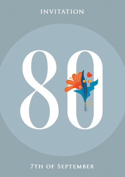 Online invitation card with 80 and flowers Blue.