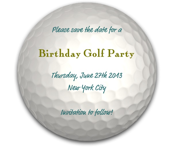 Weisse Karte in Golfballformat und Design zum verschicken von Save the Date Sendungen mit passendem Text zum Anpassen.
