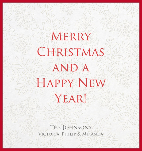 Weihnachtskarte online mit rotem Rahmen und Schneeflocken.