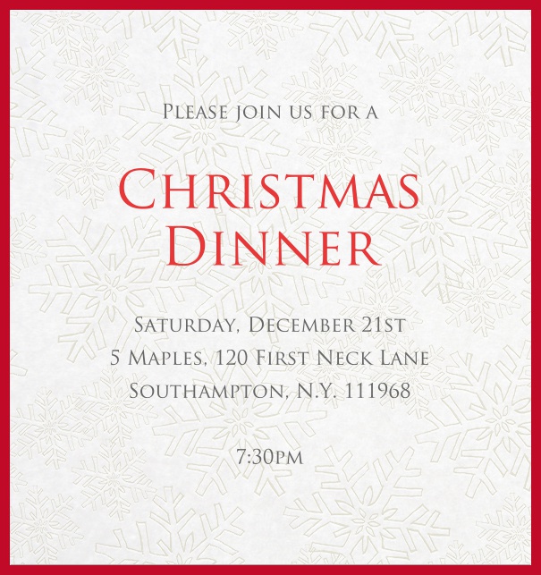 Online Einladungskarte zur Weihnachtsfeier mit Schneeflockendesign und rotem Rand.