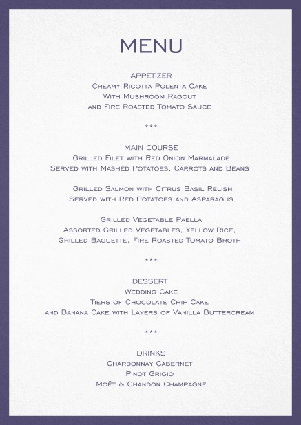 Menu card with blue frame and editable text.