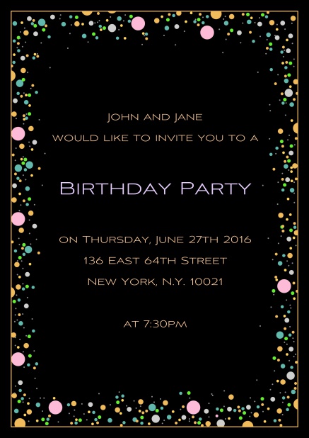 Online 50. birthday invitation card with colorful bubbles on customizable paper color and editable text. Black.
