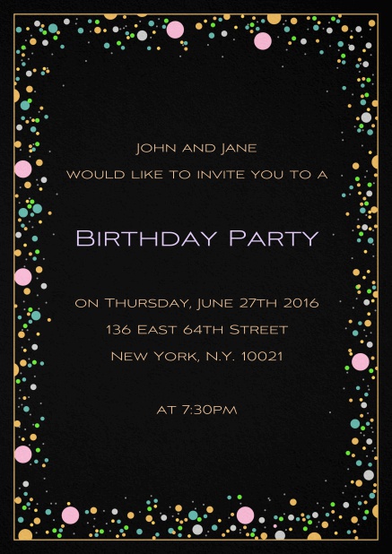 50. birthday invitation card with colorful bubbles on customizable paper color and editable text. Black.