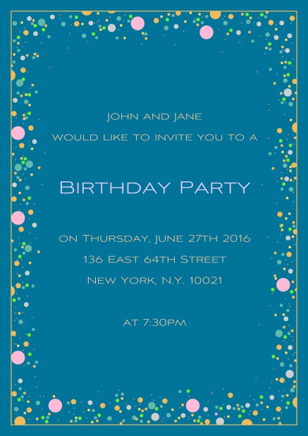 Online 50. birthday invitation card with colorful bubbles on customizable paper color and editable text. Blue.