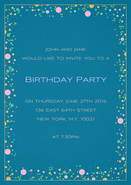 50. birthday invitation card with colorful bubbles on customizable paper color and editable text. Blue.
