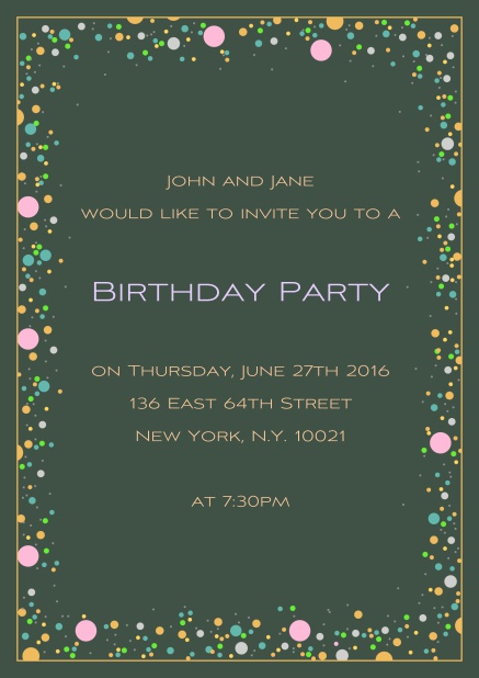 Online 50. birthday invitation card with colorful bubbles on customizable paper color and editable text. Green.