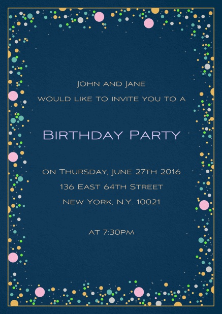 50. birthday invitation card with colorful bubbles on customizable paper color and editable text. Navy.