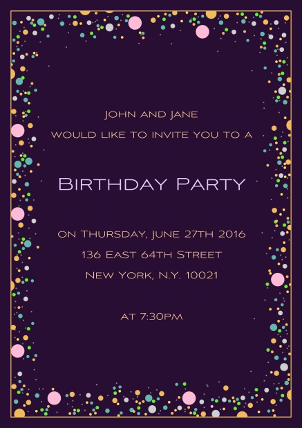 Online 50. birthday invitation card with colorful bubbles on customizable paper color and editable text. Purple.