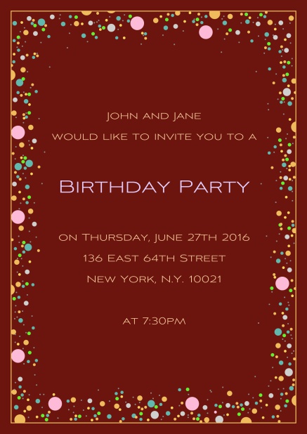 Online 50. birthday invitation card with colorful bubbles on customizable paper color and editable text. Red.
