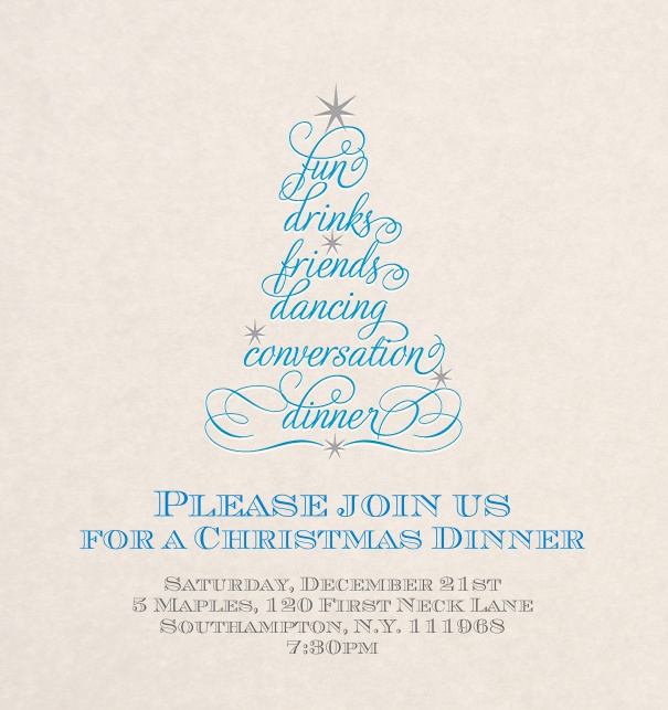 Kartenvorlage für Weihnachtseinladung mit Weihnachtsbaum aus Textzeilen.
