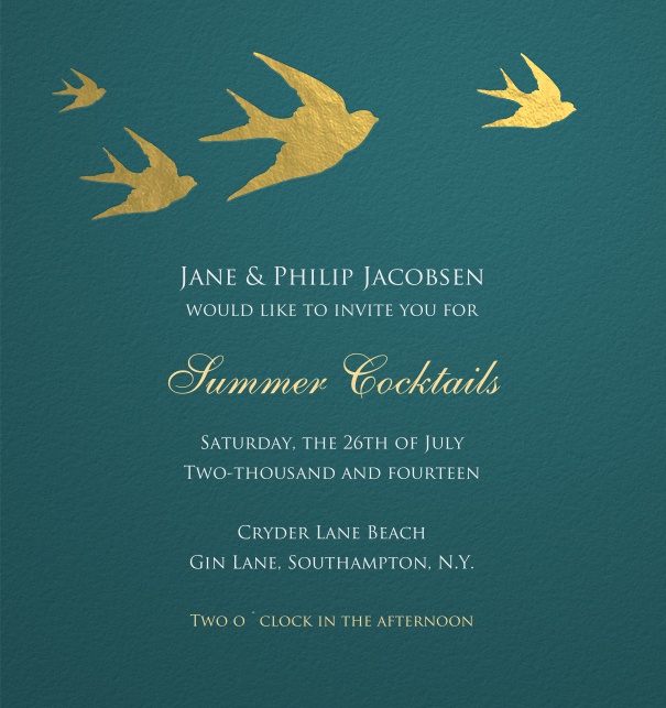 Blaue Online Einladungskarte mit gelben Vögeln.